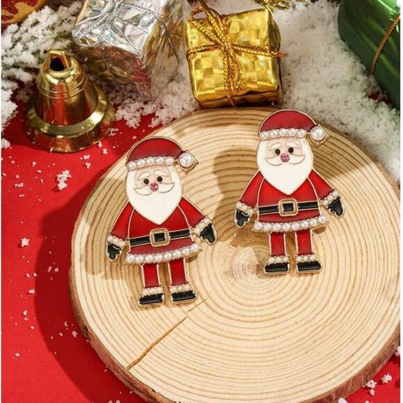 NEW Santa Claus Pearl Jeweled Enamel Stud Earrings Christmas Holiday - Picture 1 of 4